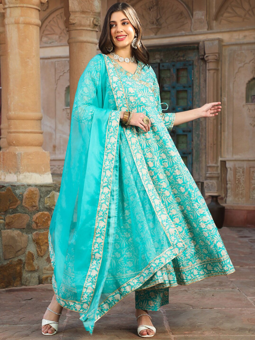 

KIMAYRA Printed Regular Pure Cotton Kurta with Palazzos & With Dupatta, Sea green