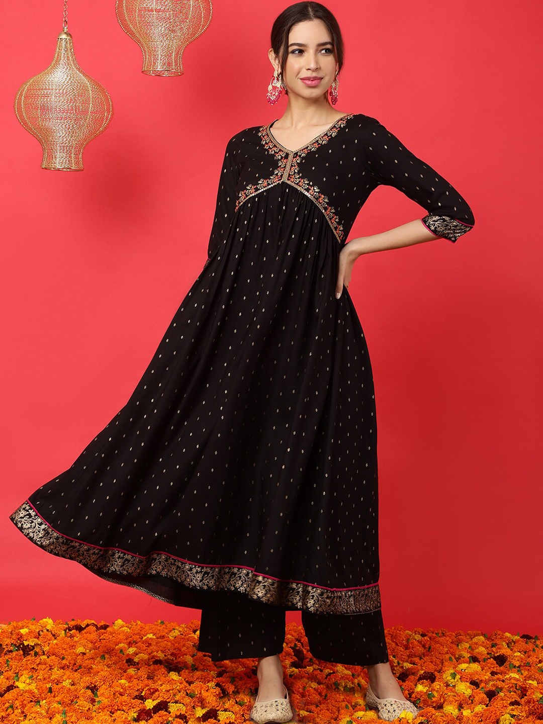 

KIMAYRA Embroidred V Neck Empire Design Anarkali Kurta With Palazzo & Dupatta, Black