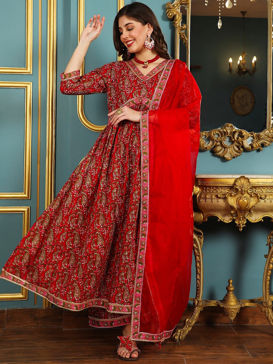 

KIMAYRA Floral Printed Pure Cotton Empire Anarkali Kurta with Palazzos & Dupatta, Red