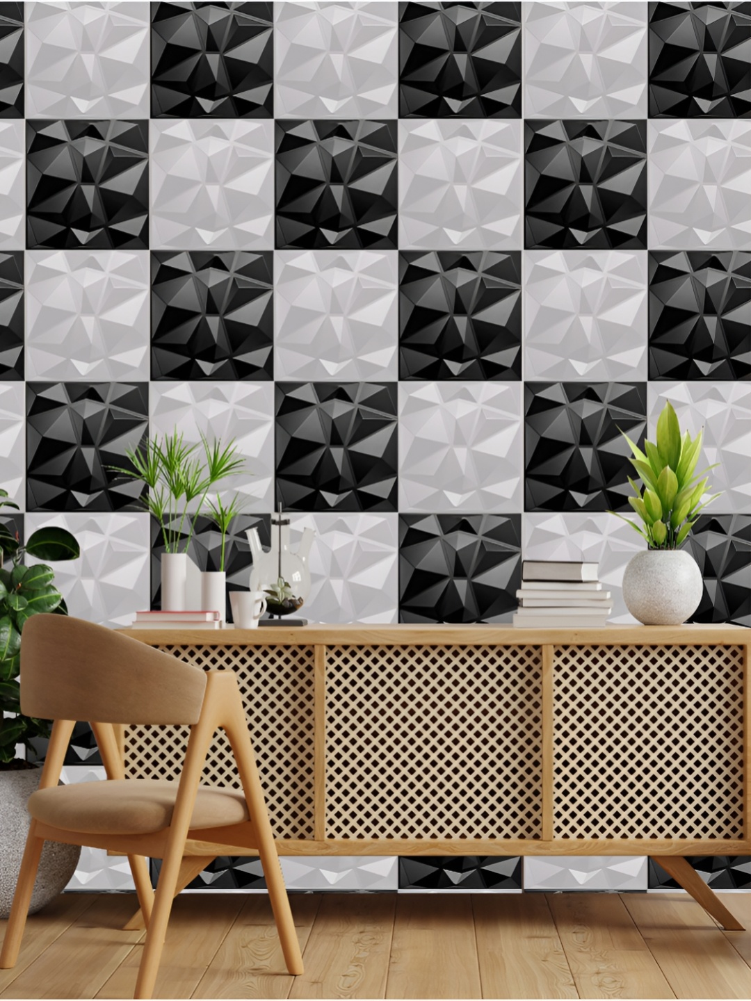 KAYRA DECOR Black & White 66 Pieces Chess Design 3D Self Adhesive Wall Panels