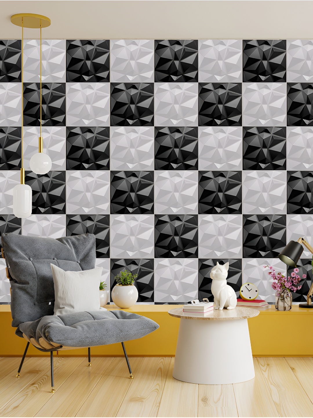 

KAYRA DECOR Black & White 34 Pieces Chess Design 3D Self Adhesive Wall Panels