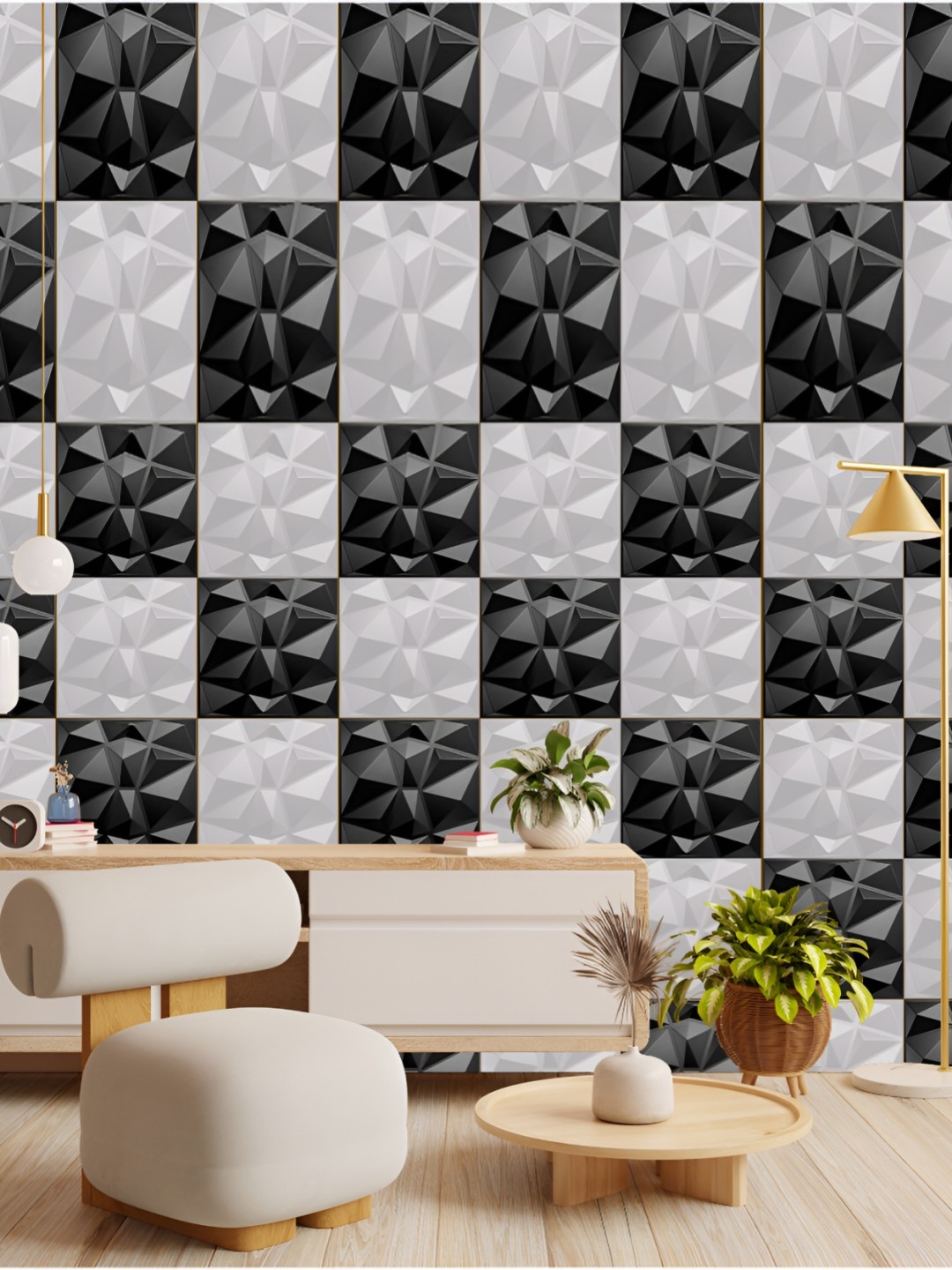 

KAYRA DECOR Black & White 100 Pieces Diamond Design 3D Self Adhesive Wall Panels