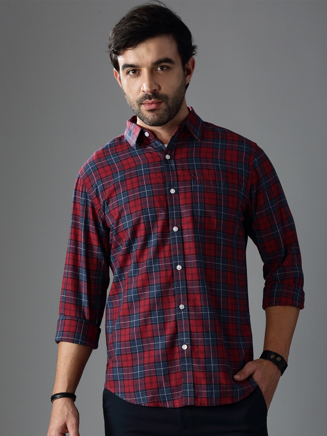 

British Club Standard Tartan Checks Spread Collar Cotton Slim Fit Twill Casual Shirt, Red