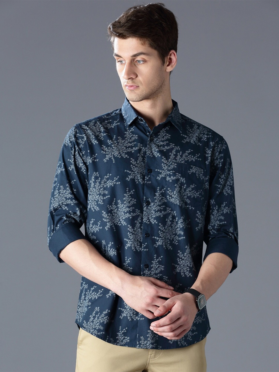 

British Club Standard Floral Printed Cotton Slim Fit Casual Shirt, Teal