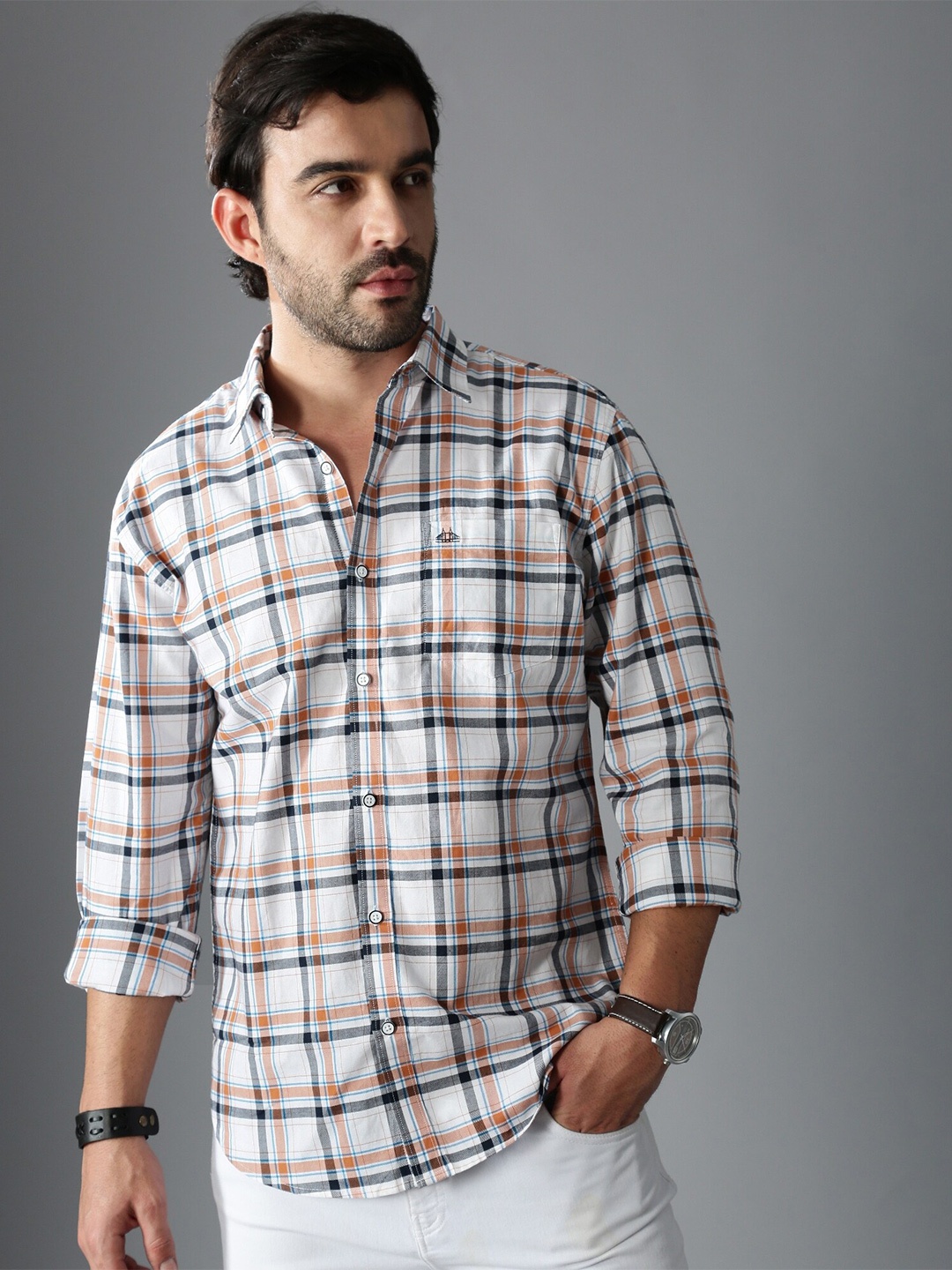 

British Club Standard Slim Fit Windowpane Checked Oxford Cotton Casual Shirt, White