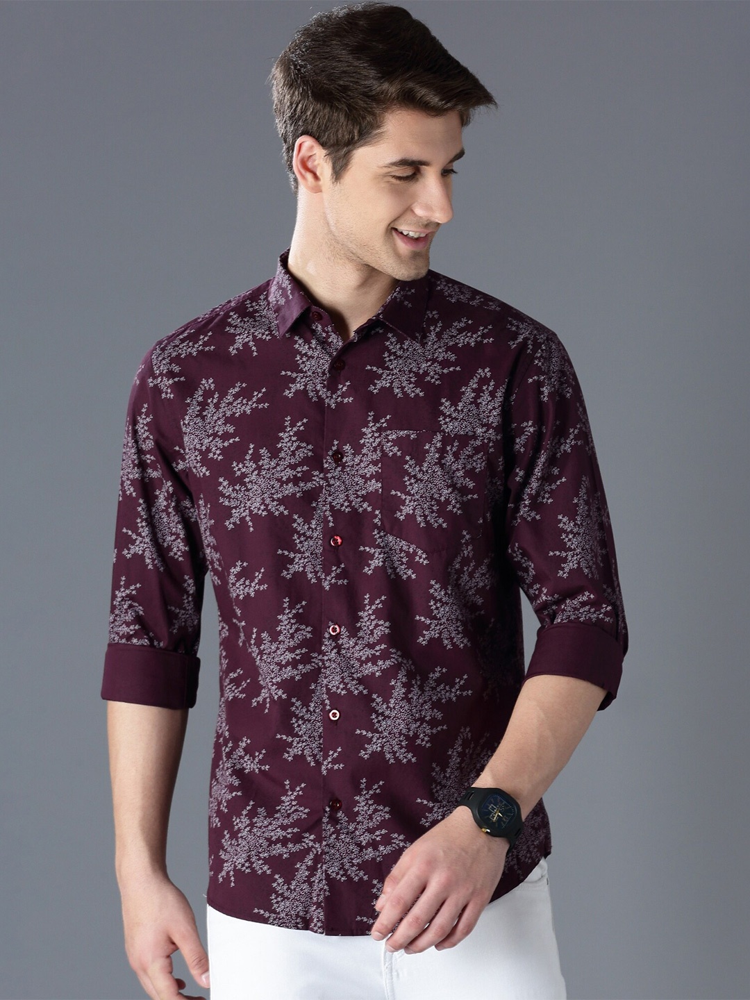 

British Club Standard Slim Fit Floral Printed Cotton Casual Shirt, Burgundy