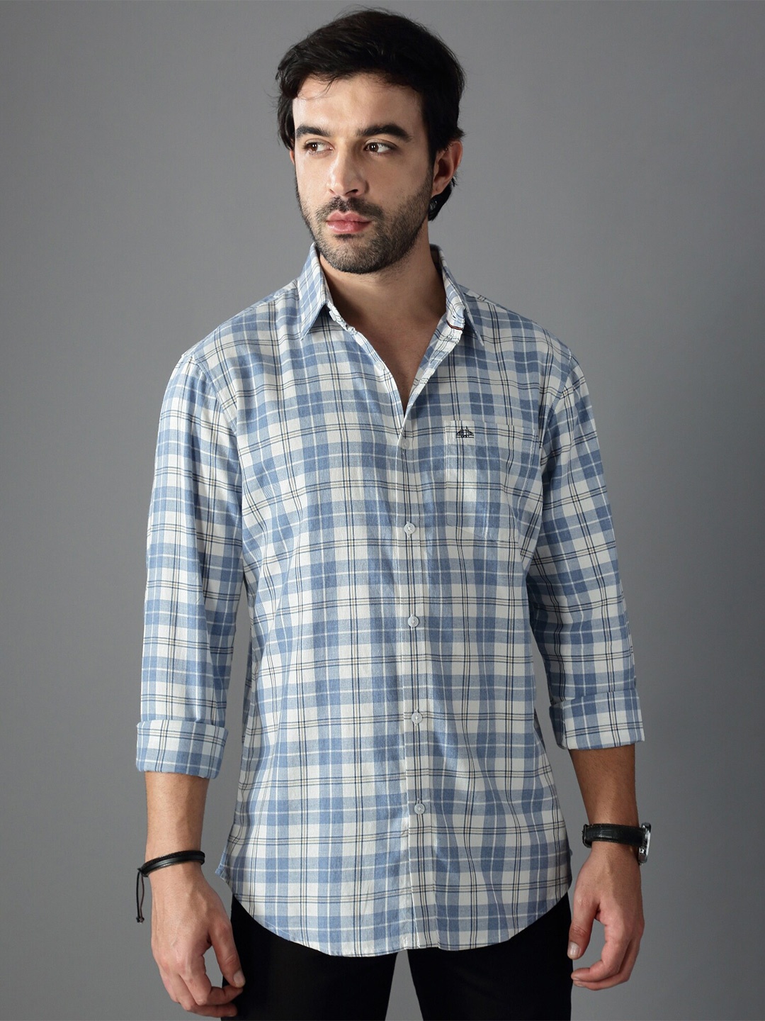 

British Club Standard Slim Fit Tartan Checked Twill Cotton Casual Shirt, Blue