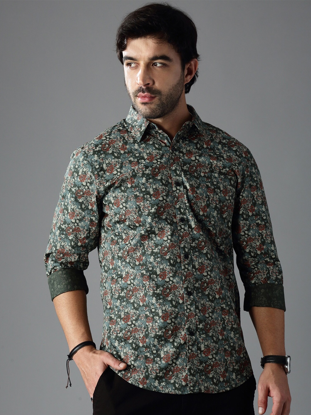 

British Club Standard Slim Fit Floral Printed Casual Shirt, Green