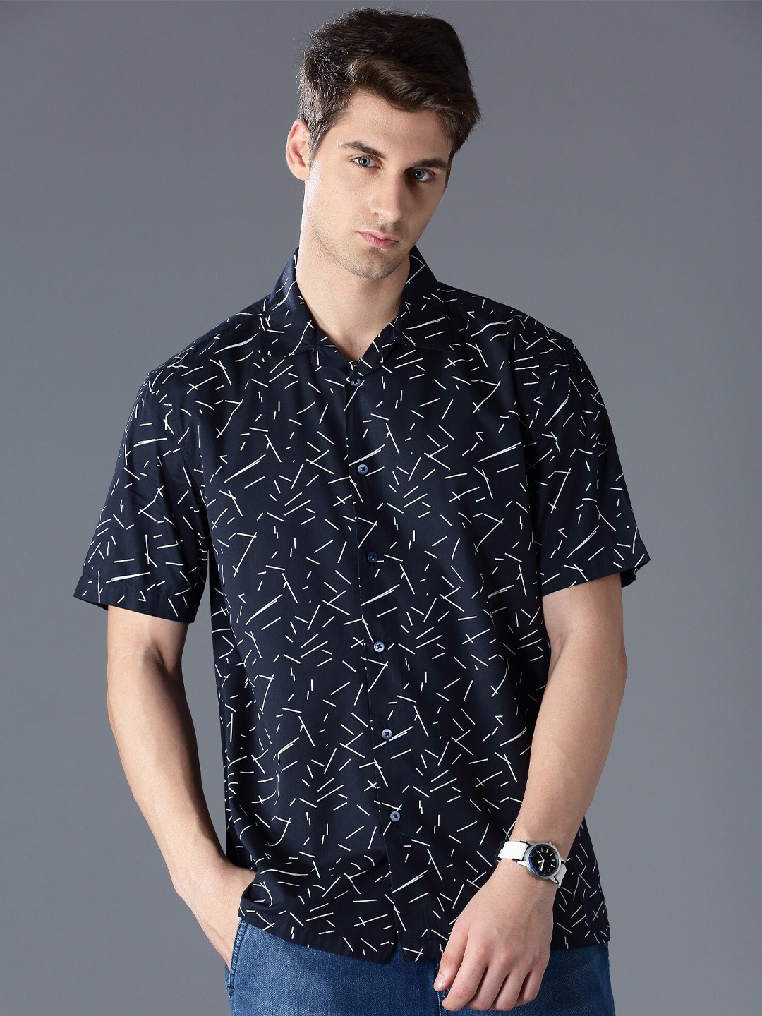 

British Club Standard Abstract Printed Casual Shirt, Navy blue