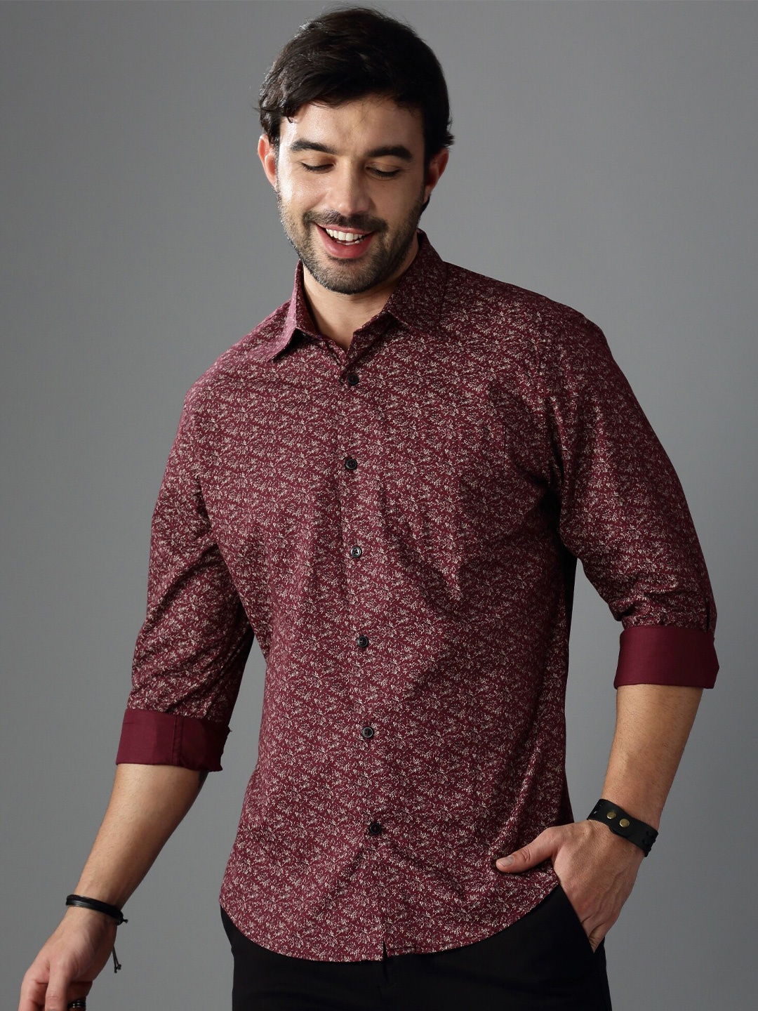 

British Club Standard Slim Fit Floral Printed Casual Shirt, Maroon
