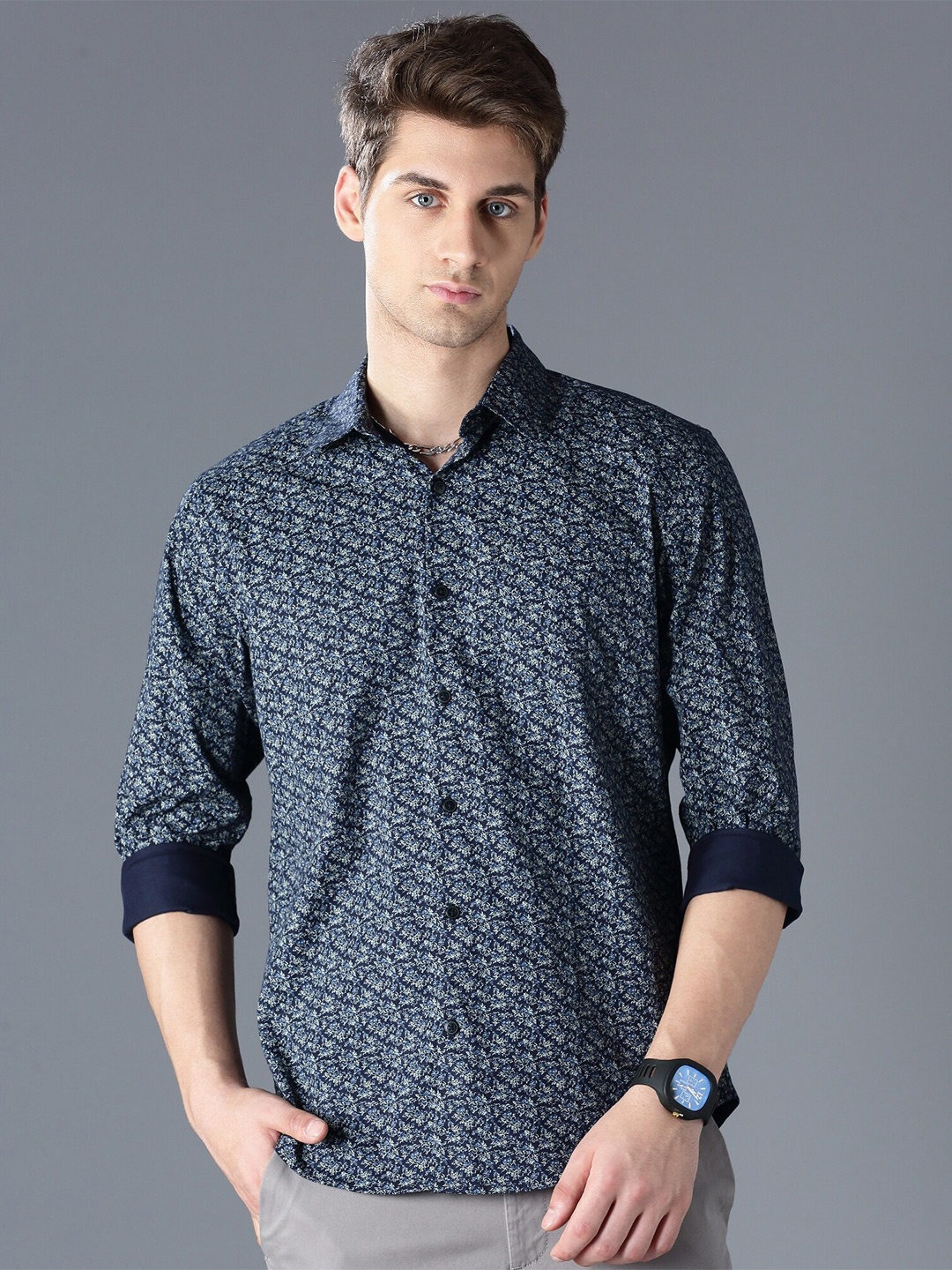 

British Club Standard Slim Fit Floral Printed Casual Shirt, Navy blue