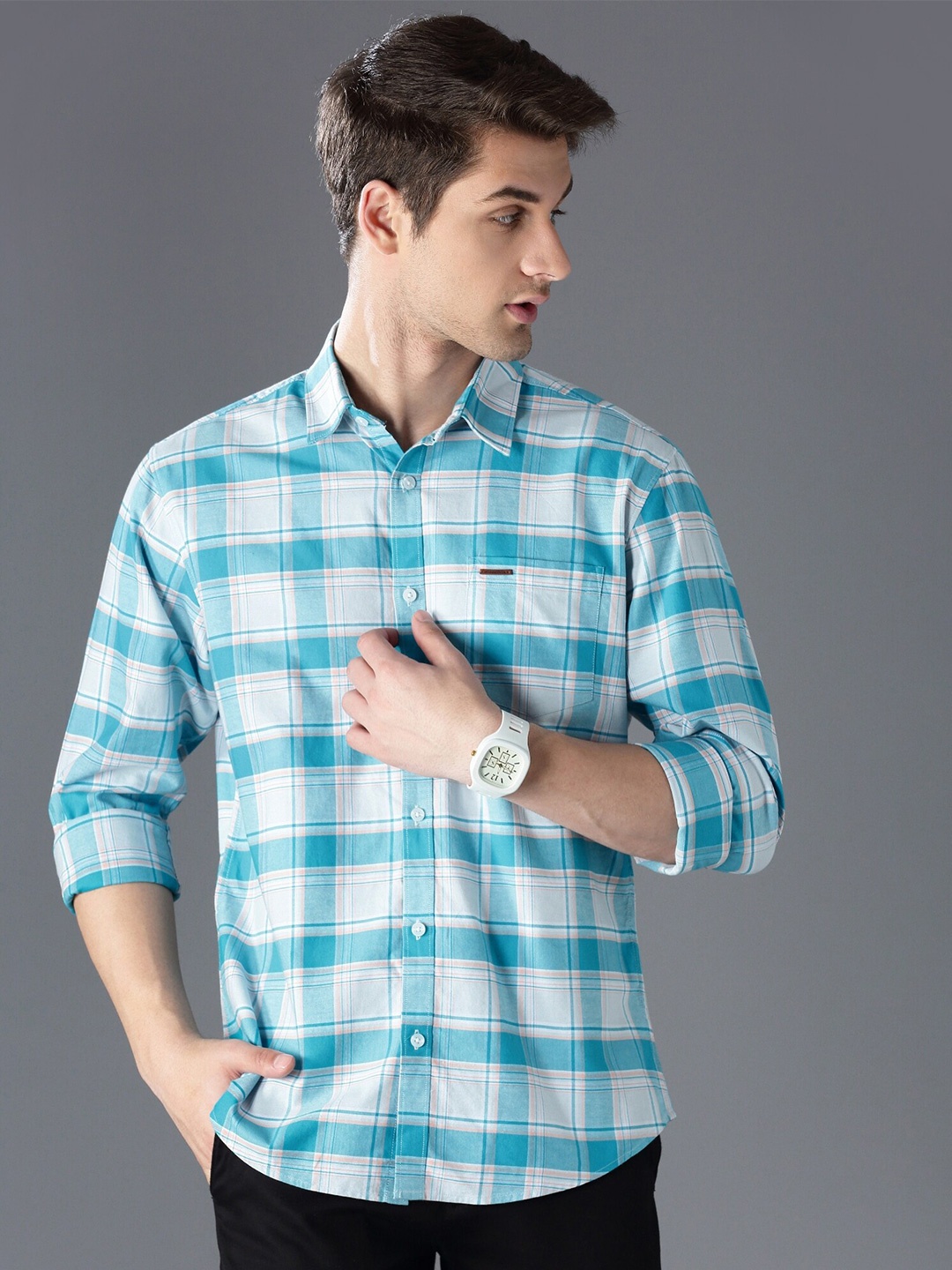 

British Club Standard Slim Fit Oxford Checked Casual Shirt, Blue