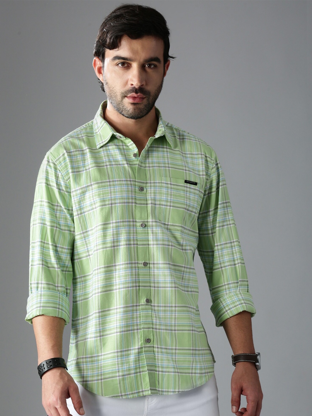 

British Club Standard Slim Fit Tartan Checked Oxford Cotton Casual Shirt, Green