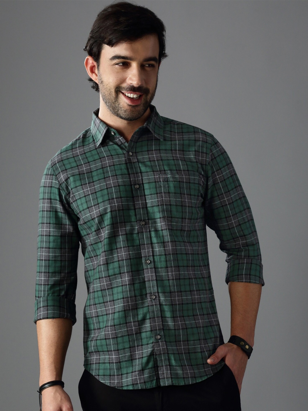 

British Club Standard Slim Fit Tartan Checked Twill Cotton Casual Shirt, Green