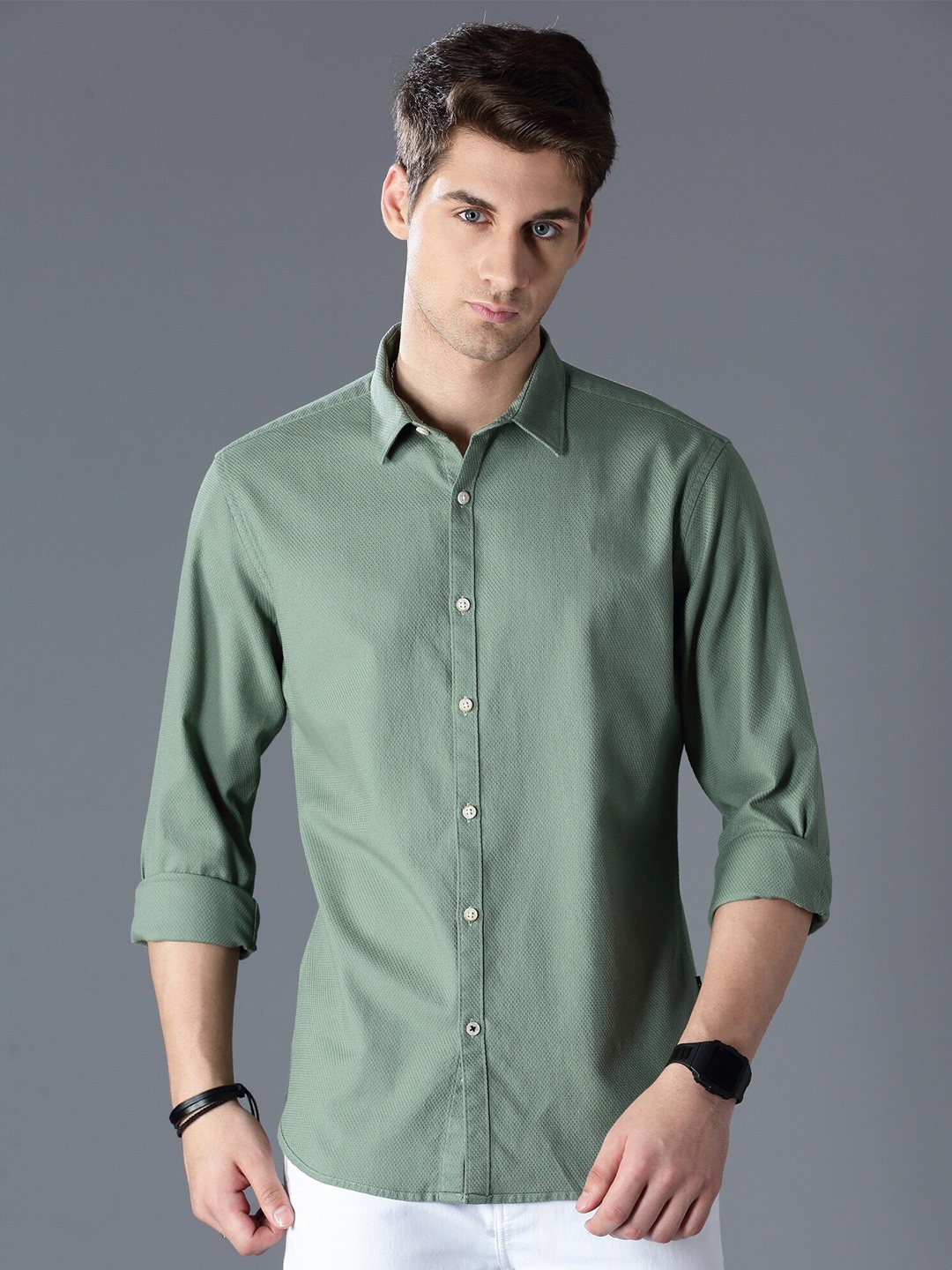 

British Club Standard Slim Fit Dobby Cotton Casual Shirt, Green