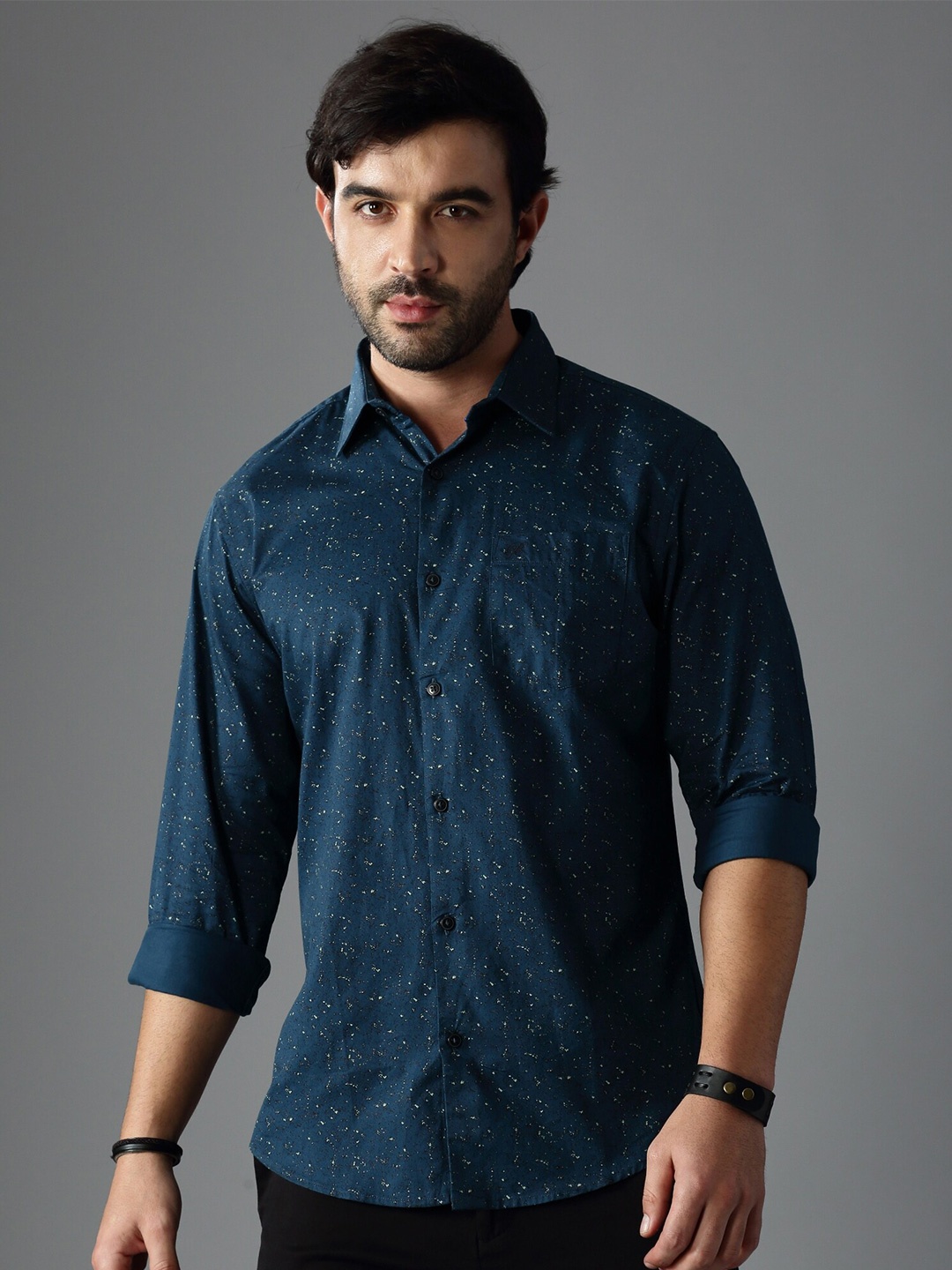 

British Club Standard Slim Fit Printed Cotton Casual Shirt, Blue