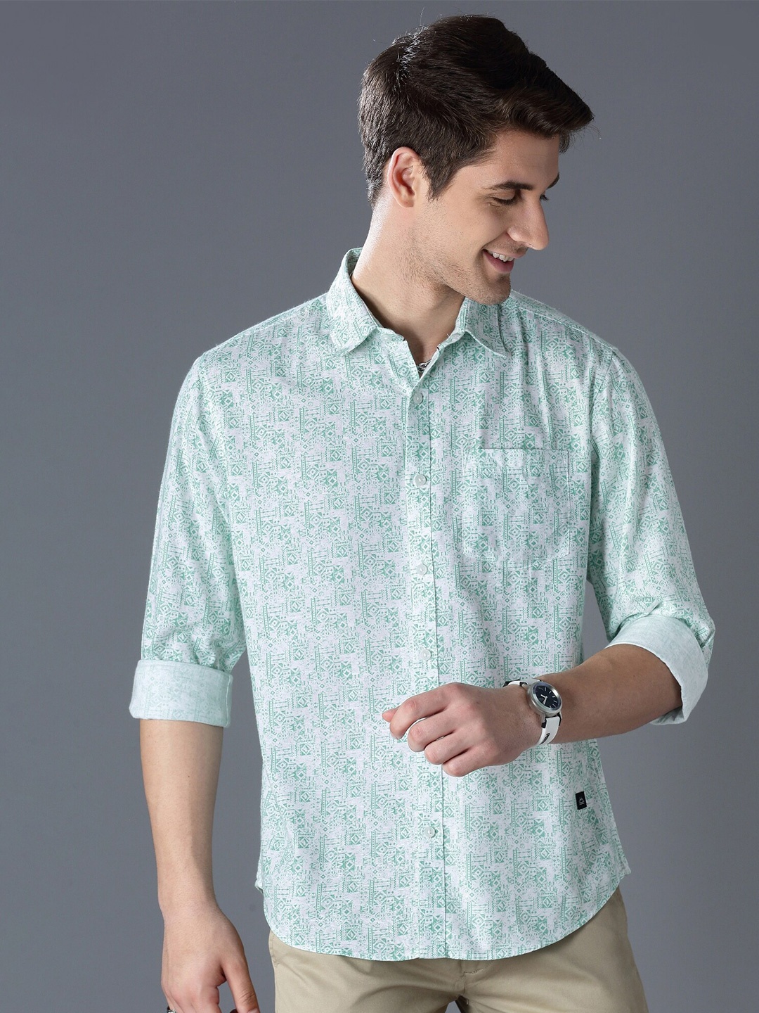 

British Club Standard Slim Fit Printed Cotton Casual Shirt, Green