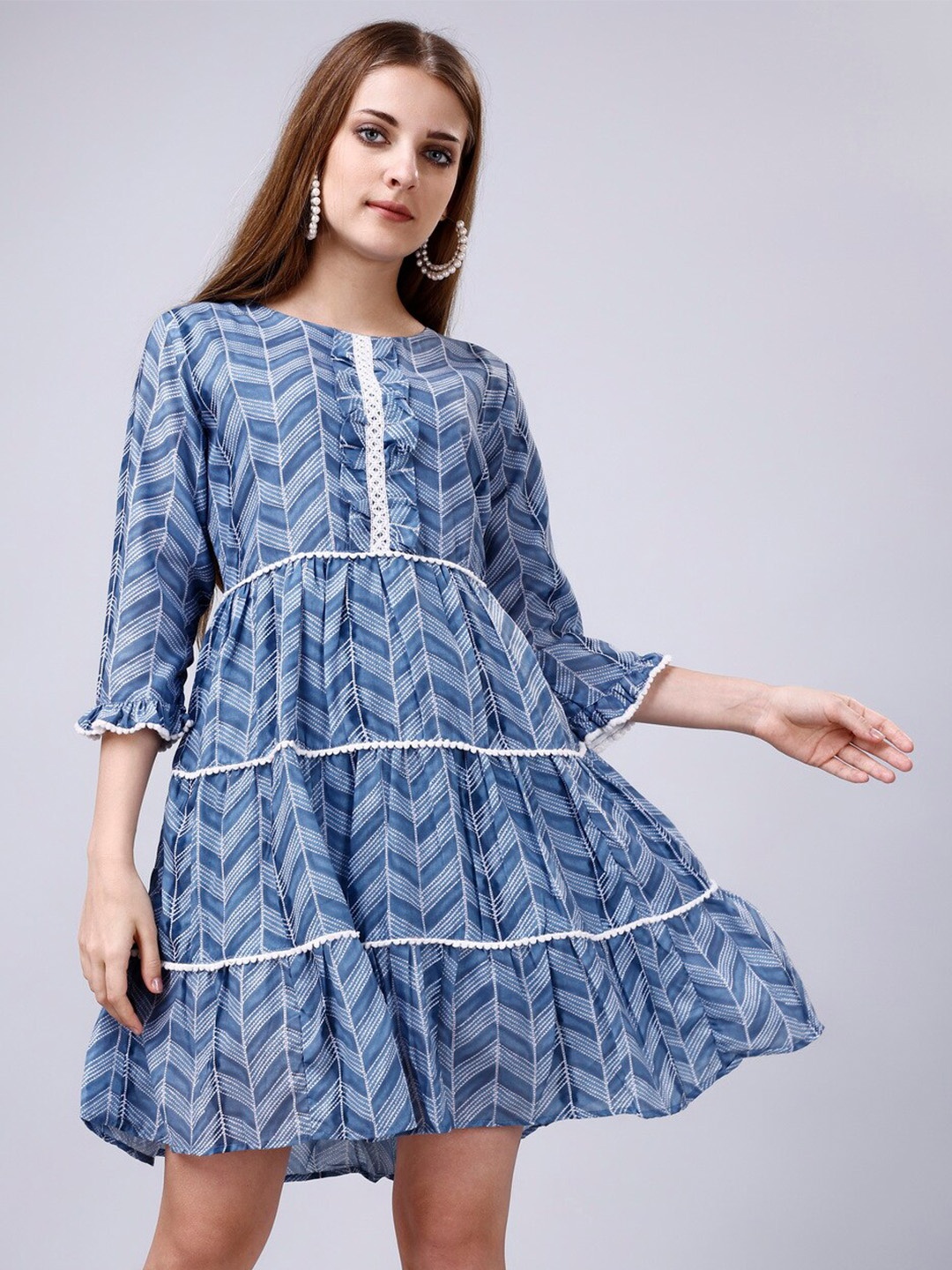 

Momina Fashion Chevron Printed Cotton Fit & Flare Dress, Blue