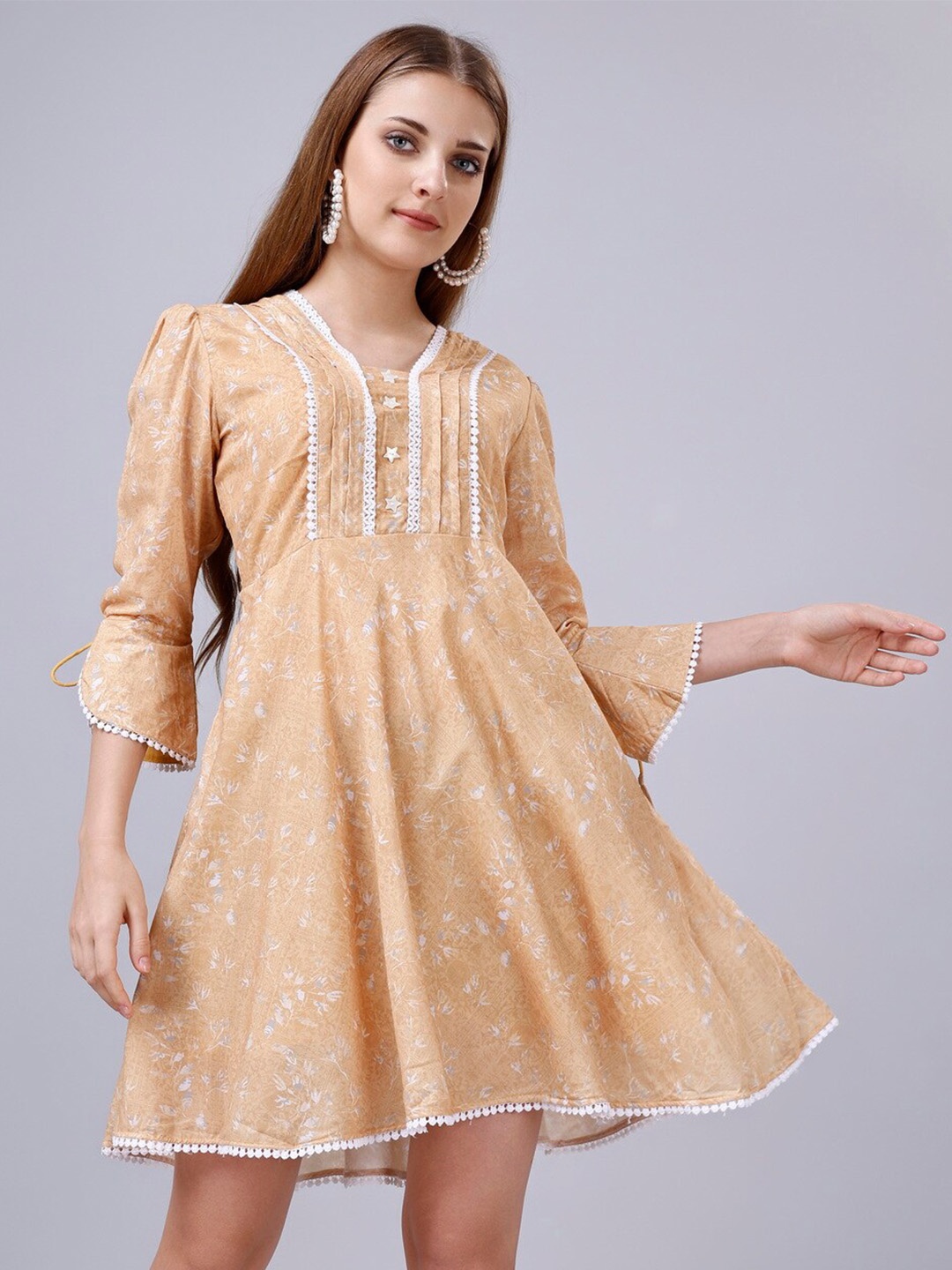 

Momina Fashion Floral Printed Cotton Fit & Flare Dress, Yellow