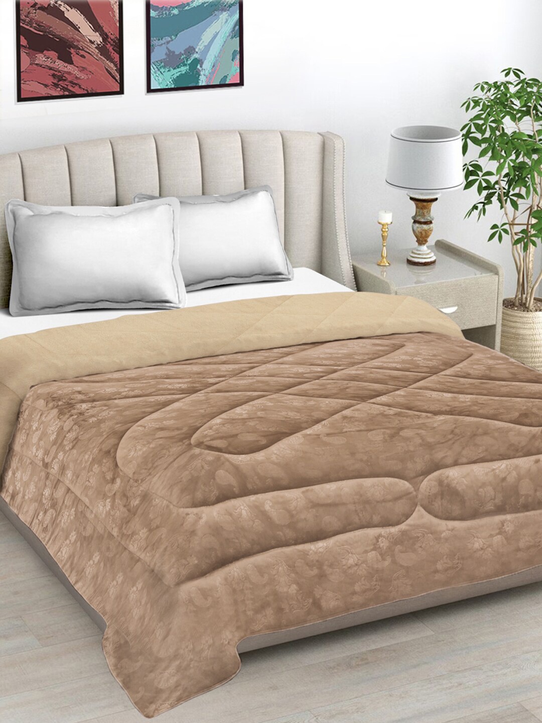 

FABINALIV Beige Ethnic Motifs Woollen 950 GSM Heavy Winter Double Bed Quilt