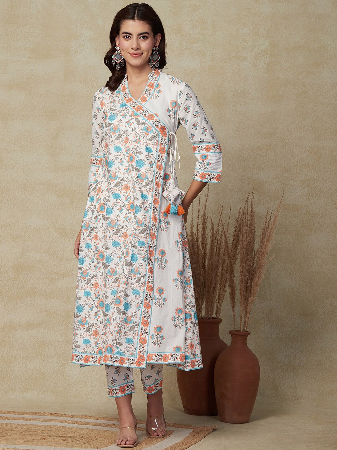 

FASHOR Ethnic Floral Printed Angrakha Pure Cotton A-Line Kurta With Trousers, White