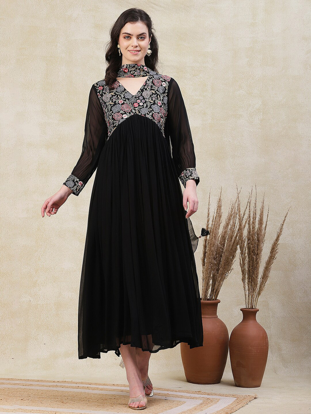 

FASHOR Floral Embroidered Crepe Maxi Ethnic Dress With Dupatta, Black