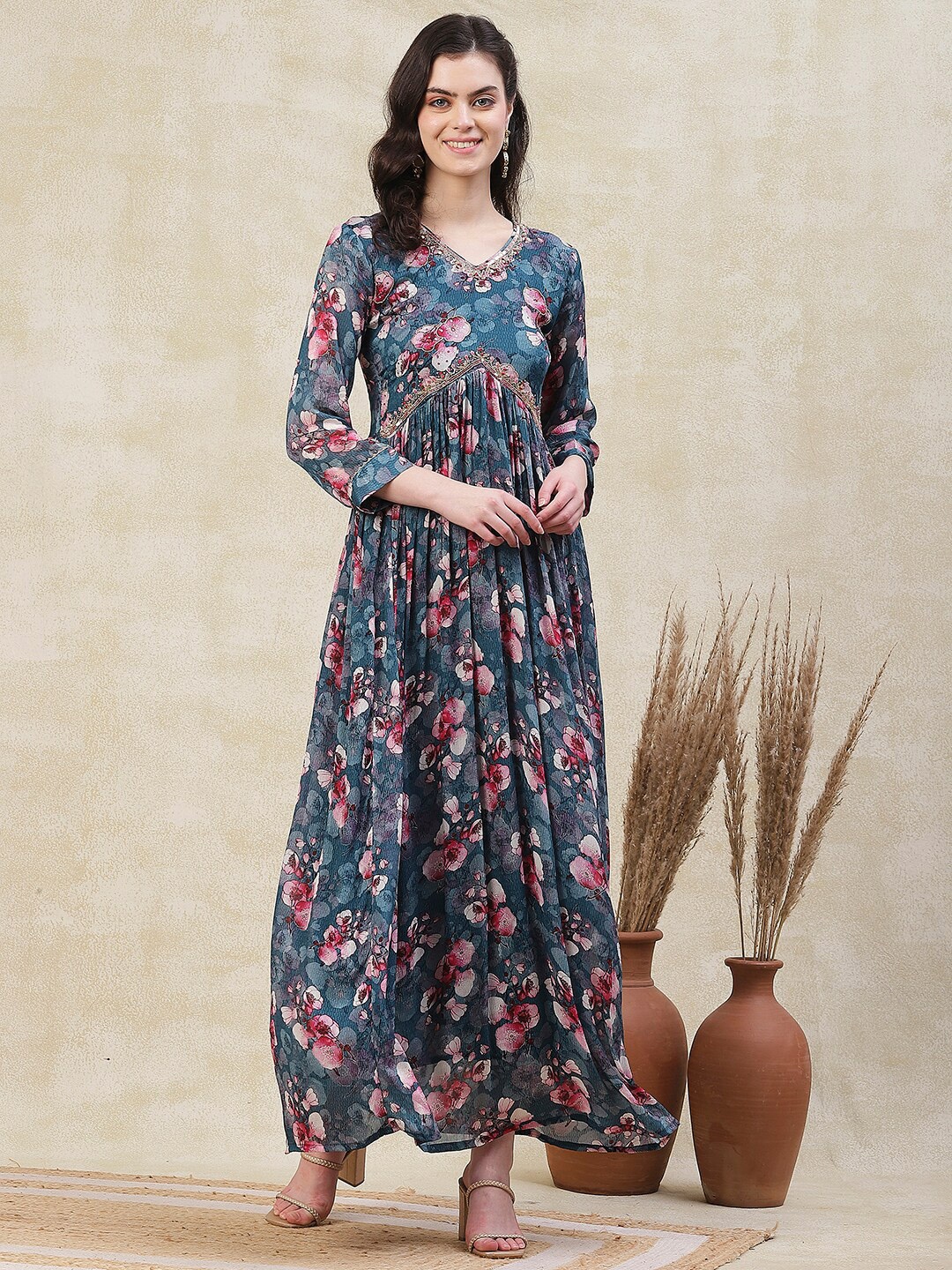 

FASHOR Floral Print Embroidered Pleated Flared A-Line Maxi Ethnic Dress, Blue