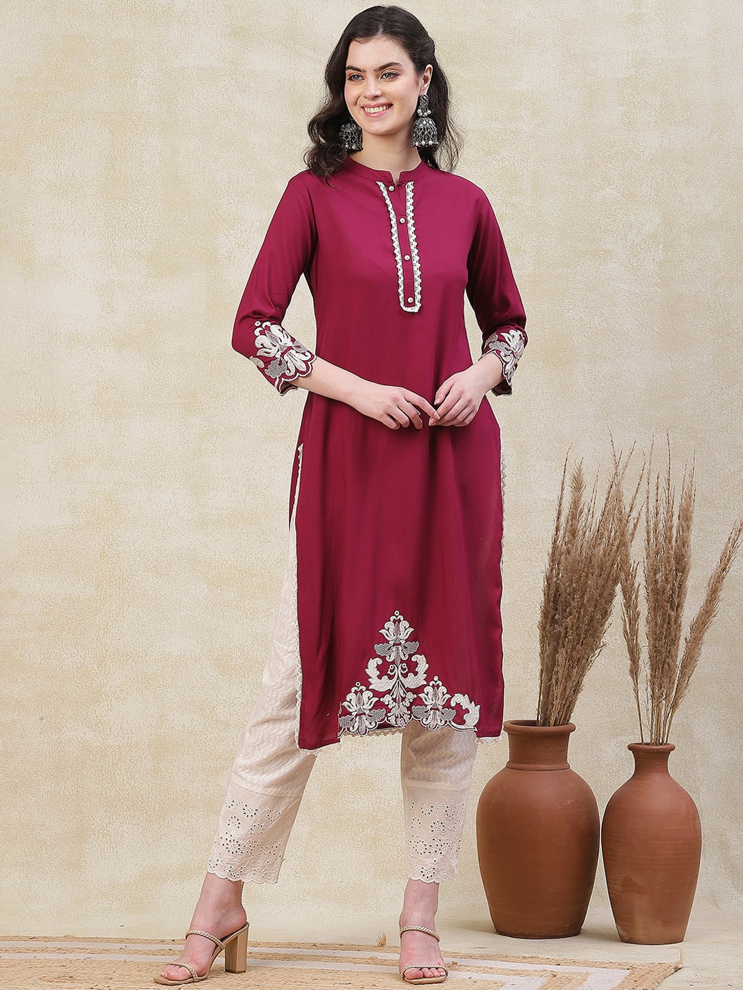 

FASHOR Floral Embroidered Zari Mandarin Collar A-Line Kurta, Magenta
