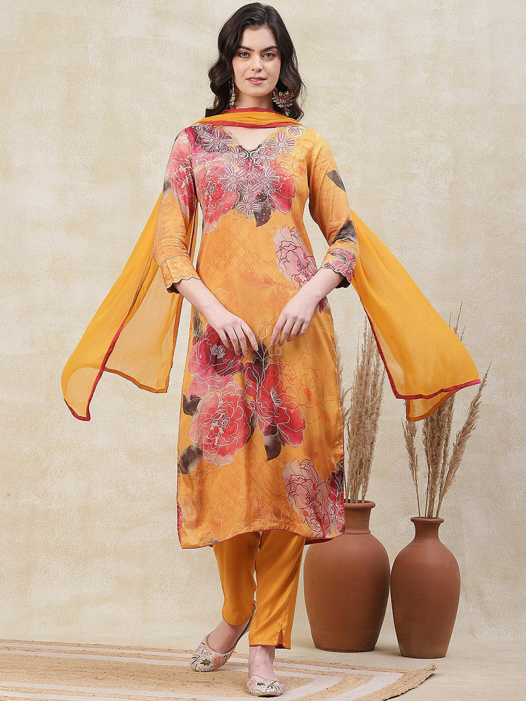 

FASHOR Floral Printed Calf Length Beads & Stones Straight Kurta With Trousers & Dupatta, Yellow