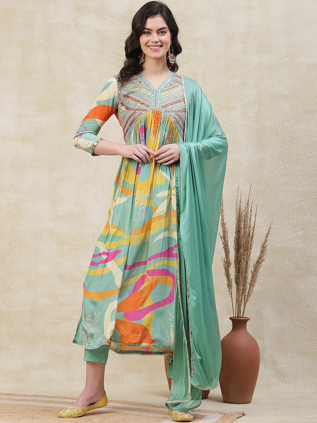 

FASHOR Floral Printed Pleated Mirror Work A-Line Kurta with Trousers Dupatta, Multi