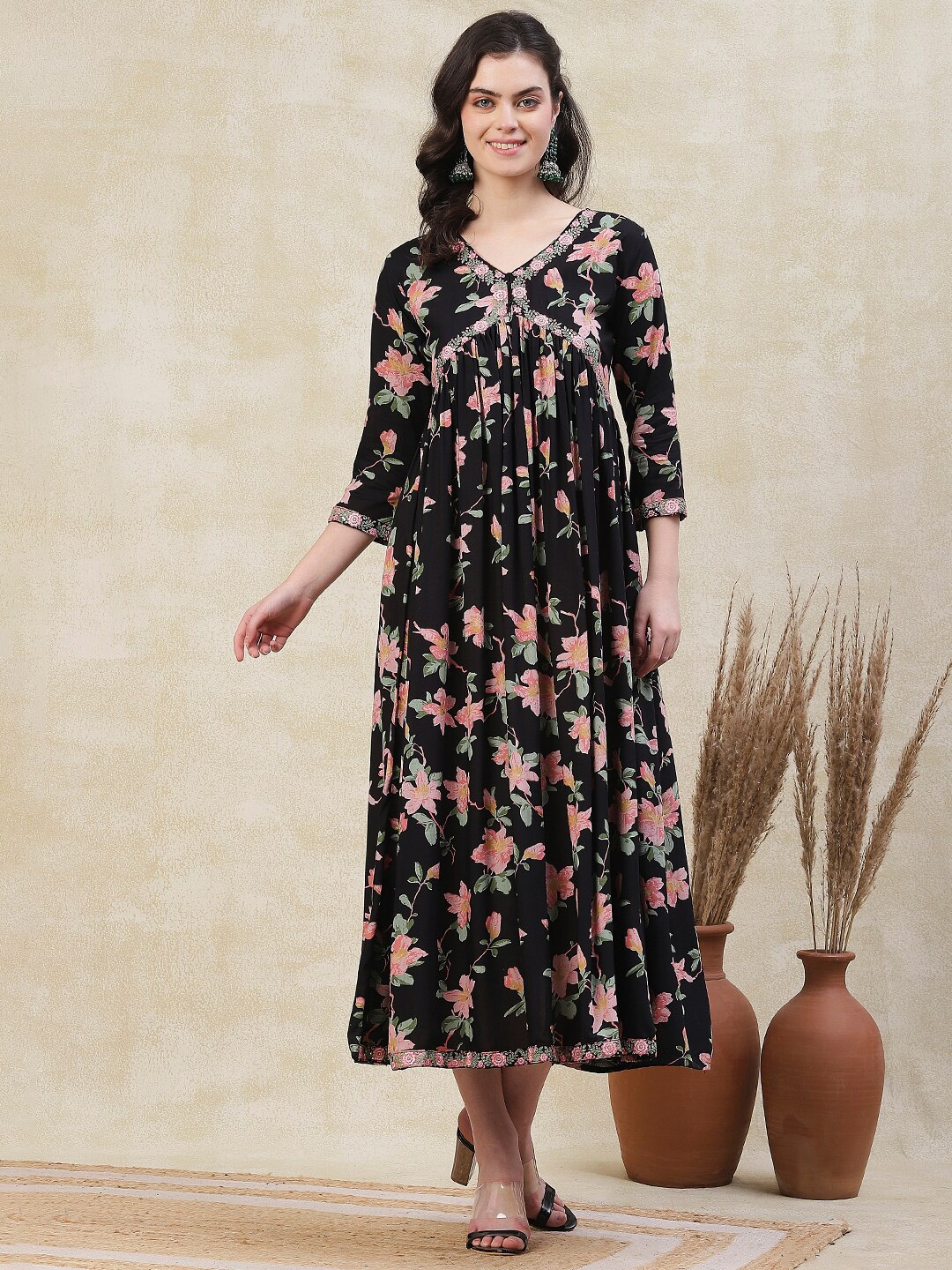 

FASHOR Floral Print Embroidered A-Line Maxi Dress, Black