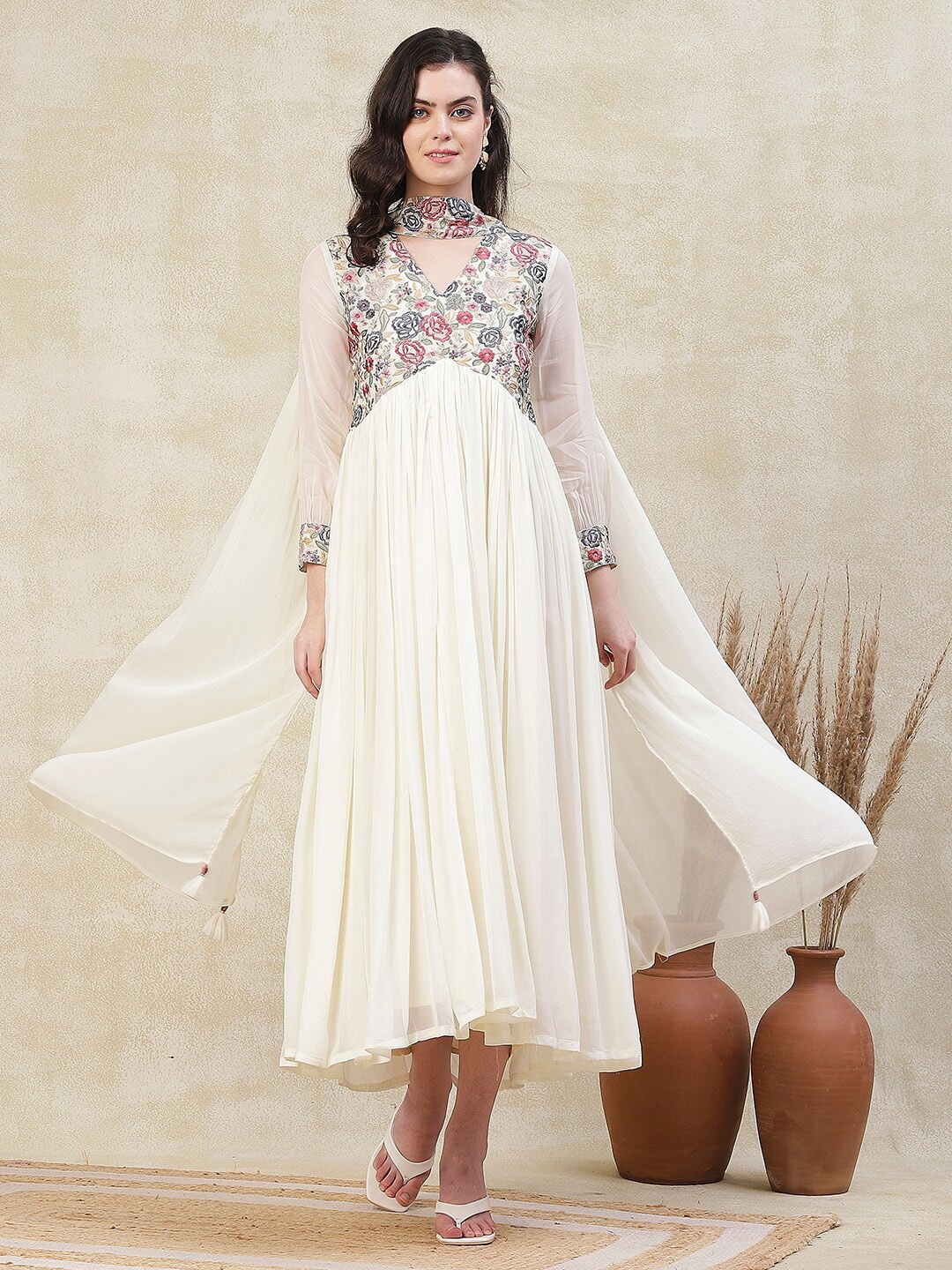 

FASHOR Floral Embroidered Maxi Ethnic Dress With Duppatta, Off white