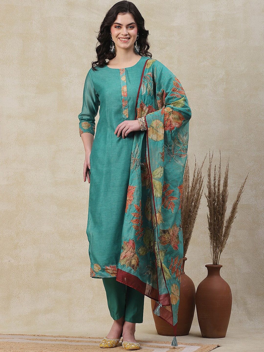 

FASHOR Embroidered Regular Straight Fit Kantha Work Kurta with Trousers & With Dupatta, Sea green