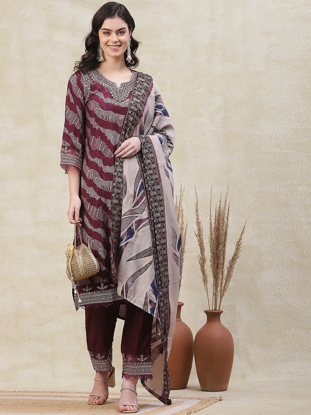 

FASHOR Abstract Printed Zari Dori & Mirror Embroidered Kurta with Pants & Dupatta, Maroon