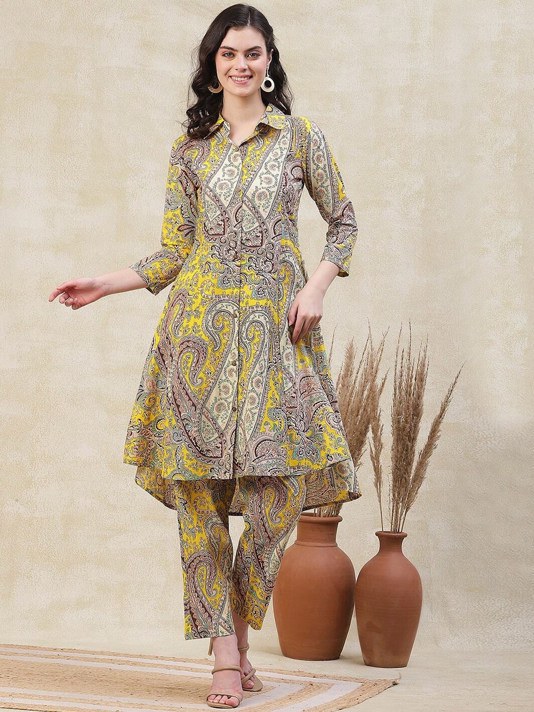 

FASHOR Ethnic Motifs Printed A-Line Tunic With Trouser, Yellow