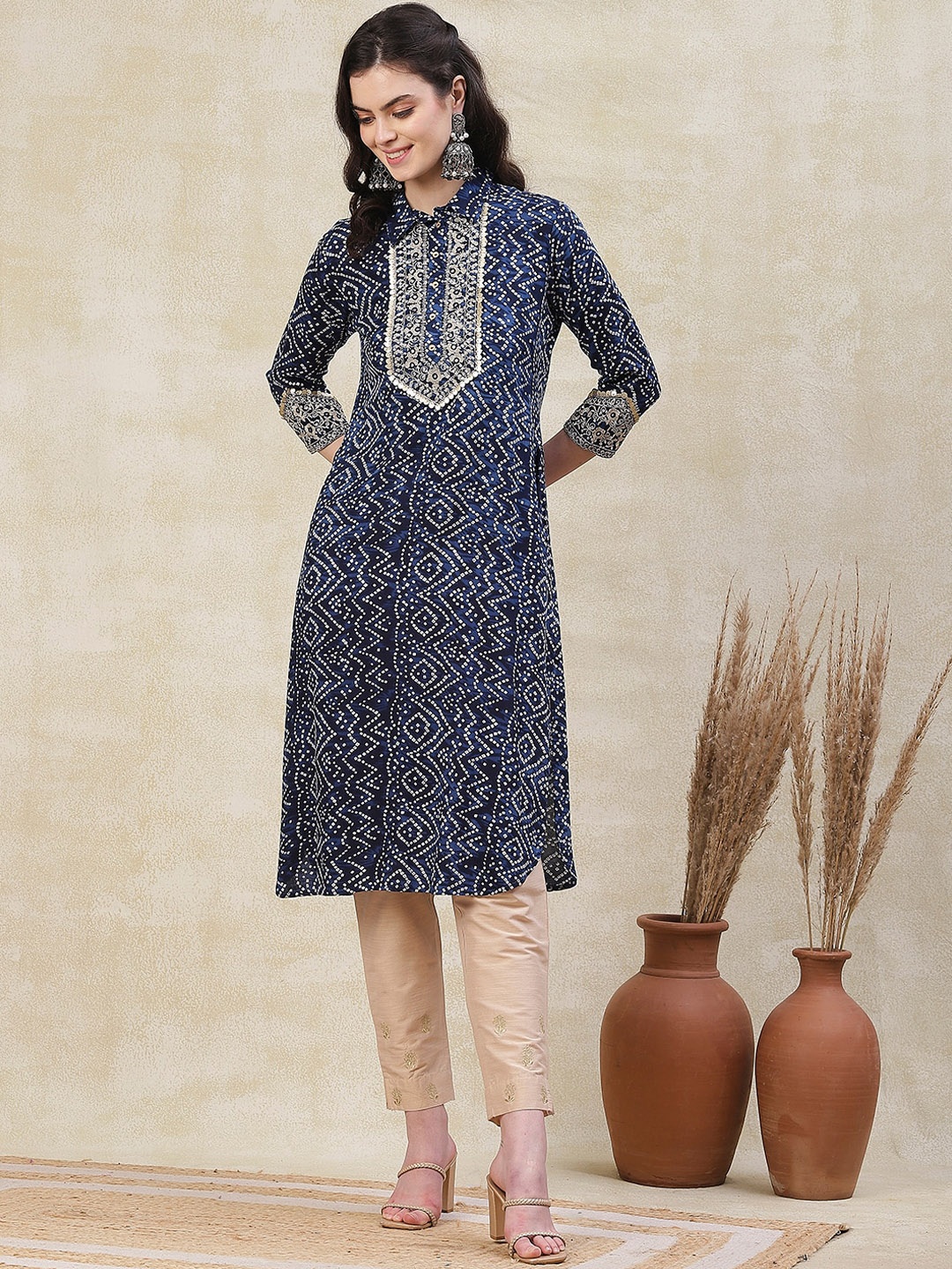 

FASHOR Bandhani Printed Shirt Collar A Line Zari Embroidered Kurta, Blue