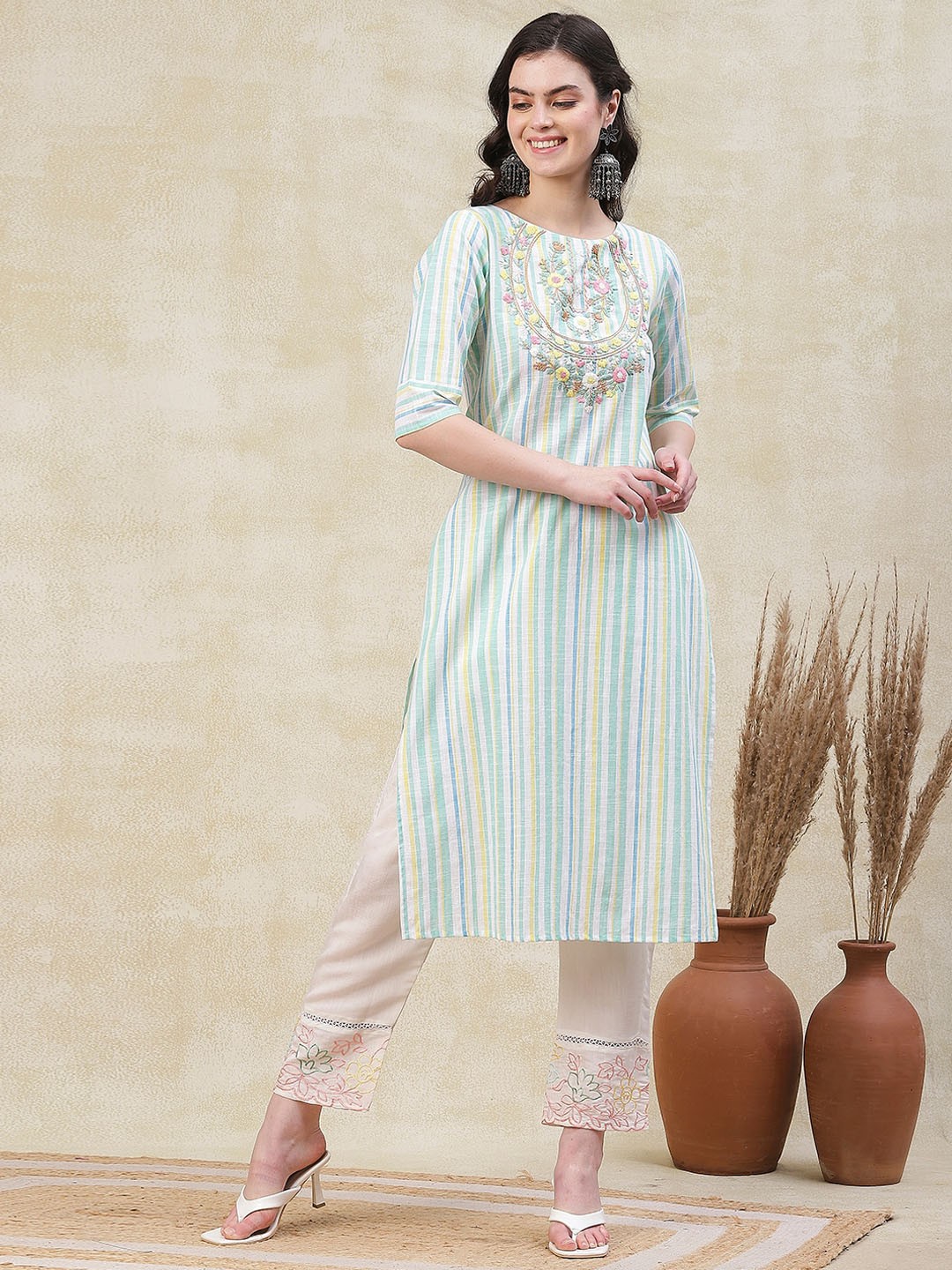 

FASHOR Striped Thread Work Round neck A-Line Kurta, Sea green