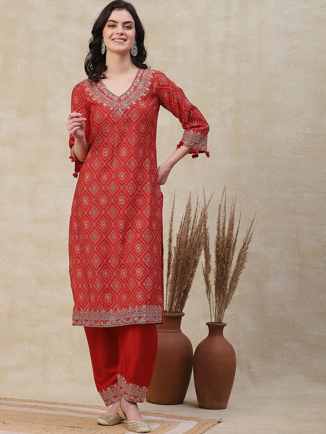 

FASHOR Ethnic Motifs Printed Regular Kurta with Trousers & Dupatta, Orange