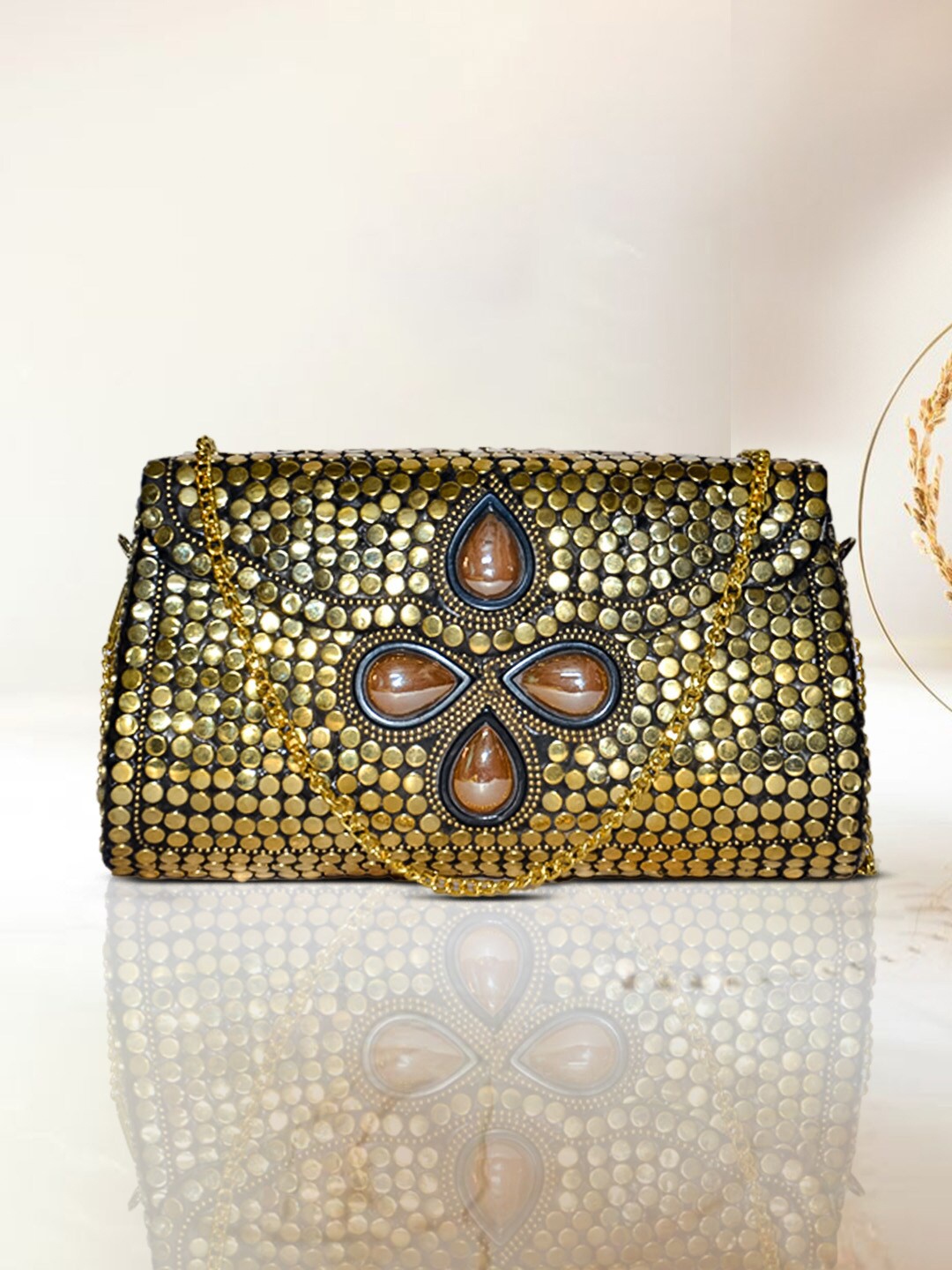 

ARTFLYCK Textured Embellished Box Clutch, Gold