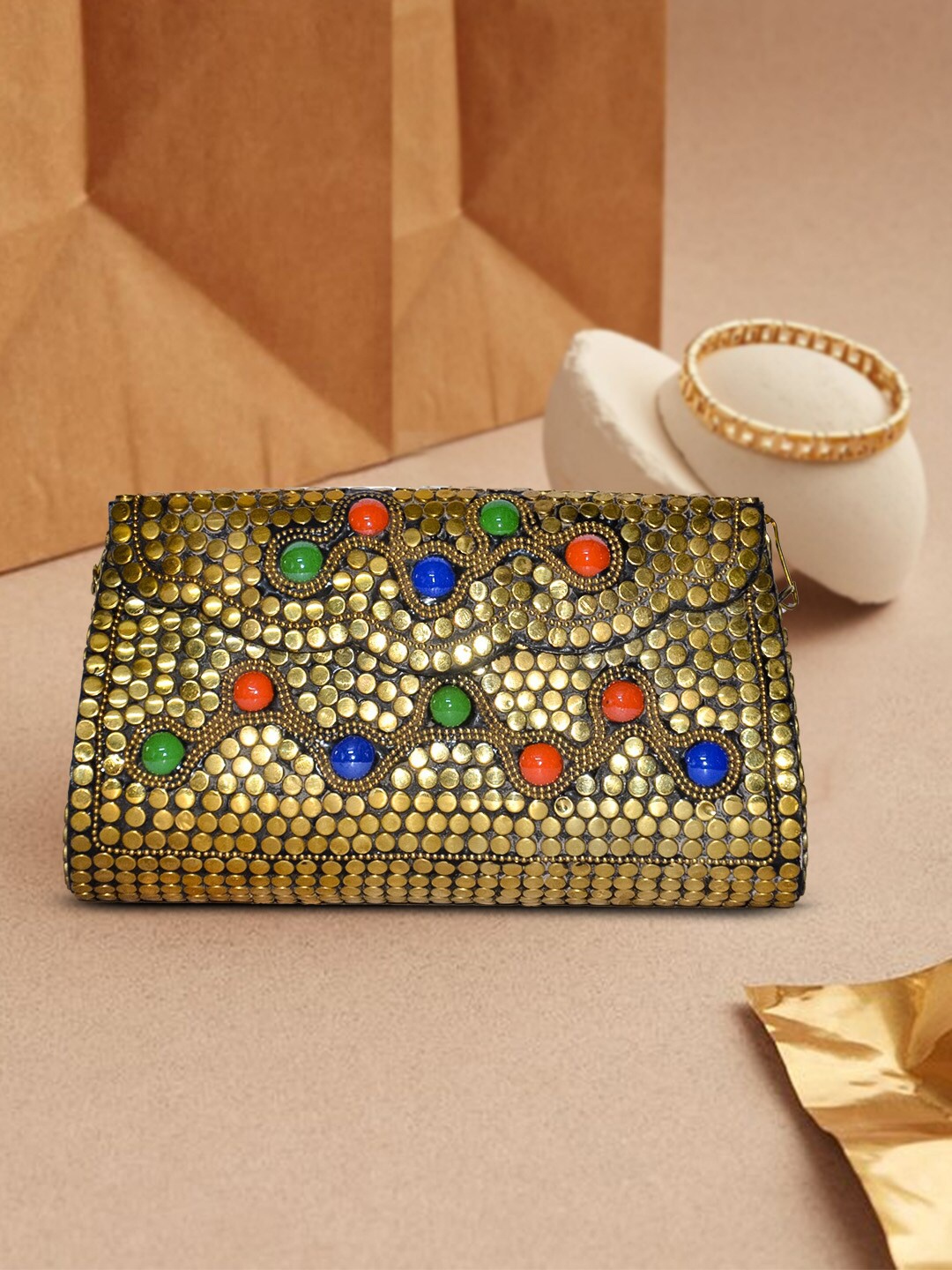 

ARTFLYCK Textured Embellished Box Clutch, Gold