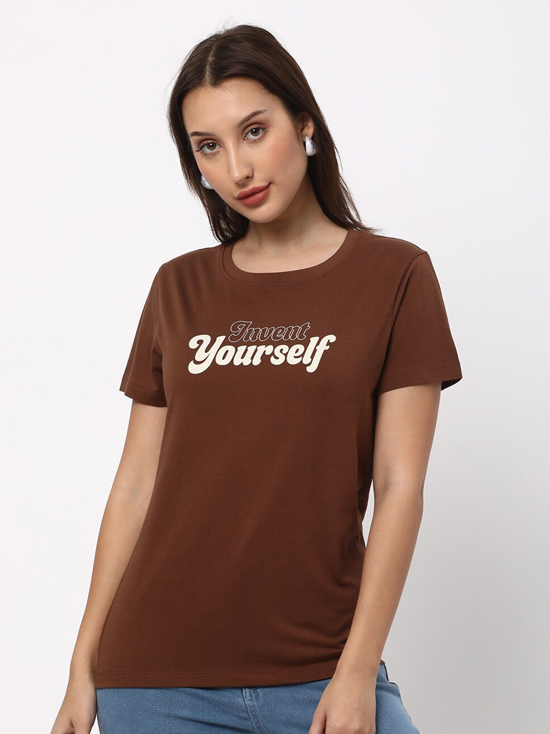 

R&B Typography Printed Round Neck Cotton T-shirt, Brown