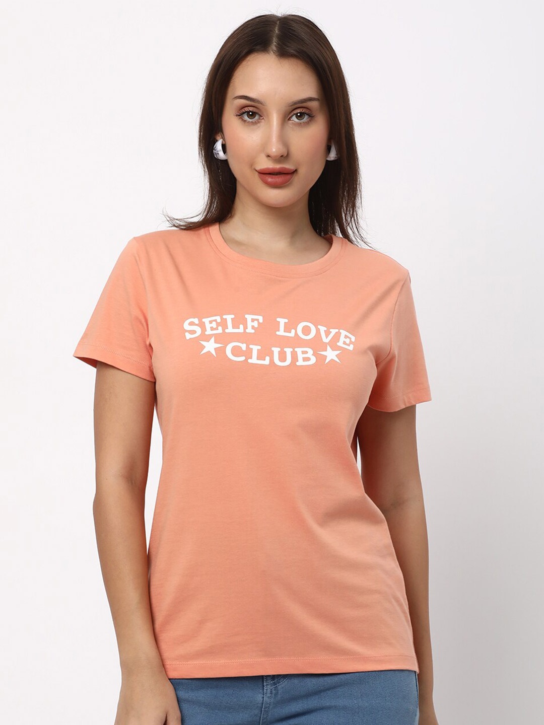 

R&B Typography Printed Round Neck Cotton T-shirt, Coral