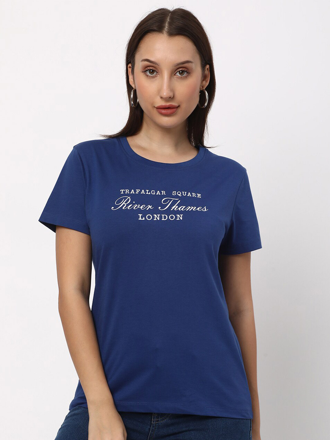 

R&B Typography Printed Round Neck Cotton T-shirt, Blue