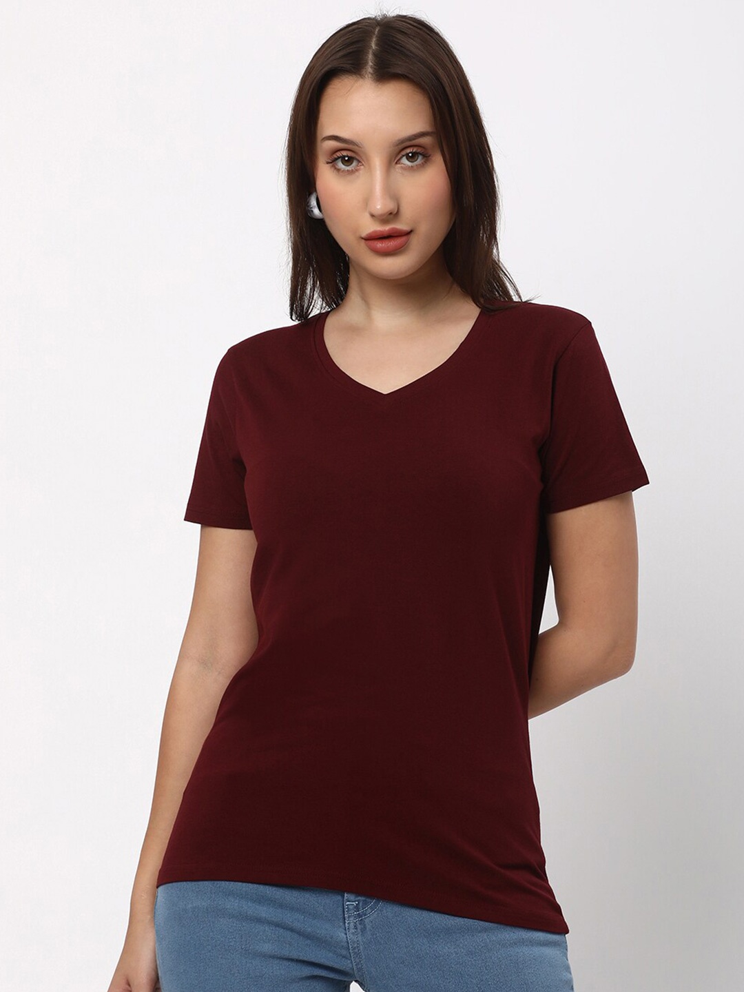 

R&B V-Neck Round Neck Cotton T-shirt, Maroon