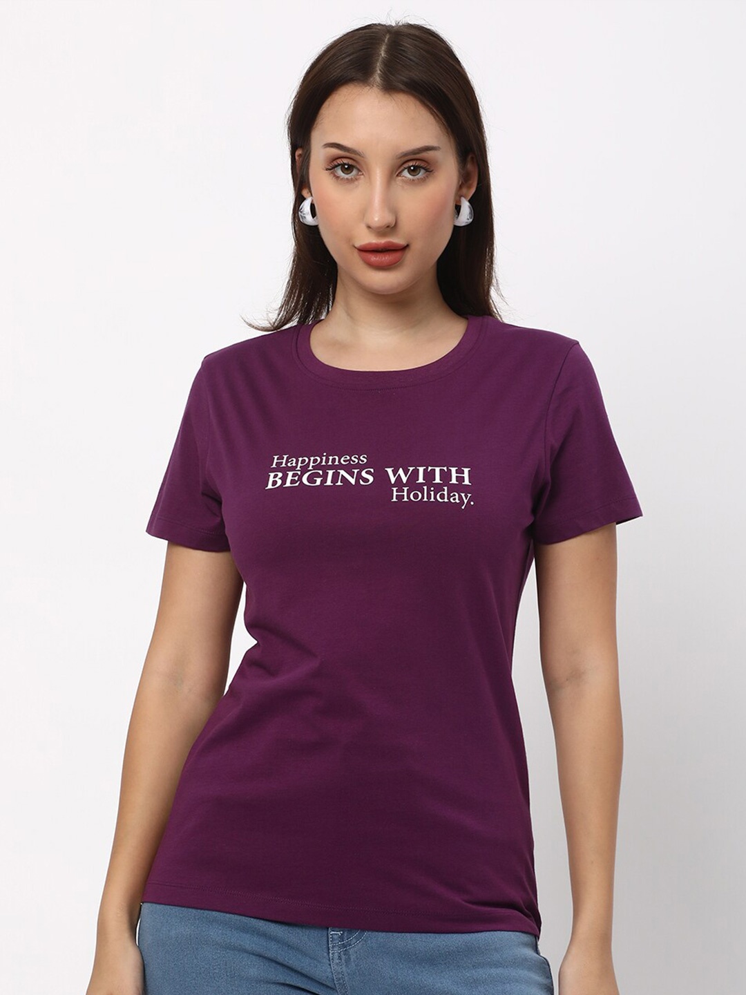 

R&B Typography Printed Round Neck Cotton T-shirt, Purple