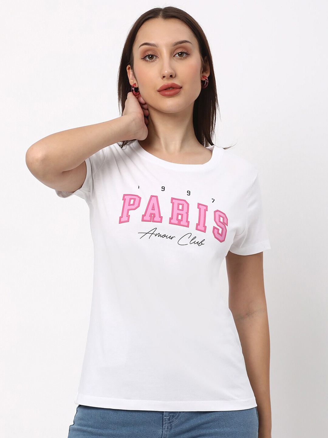 

R&B Typography Printed Round Neck Cotton T-shirt, White