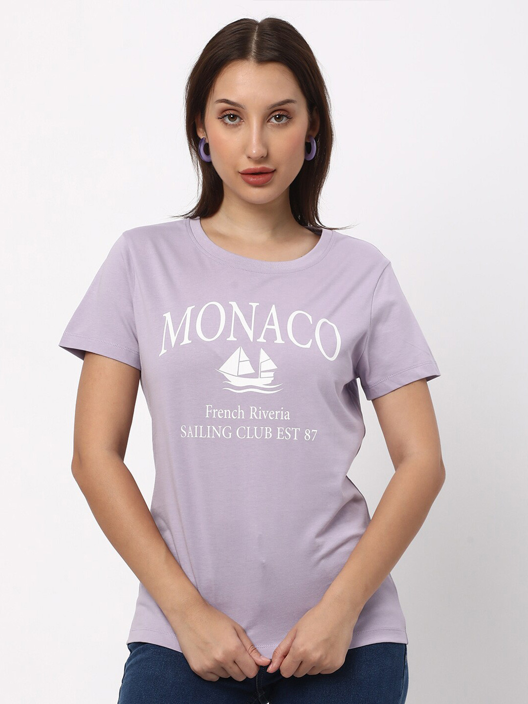 

R&B Typography Printed Round Neck Cotton T-shirt, Purple