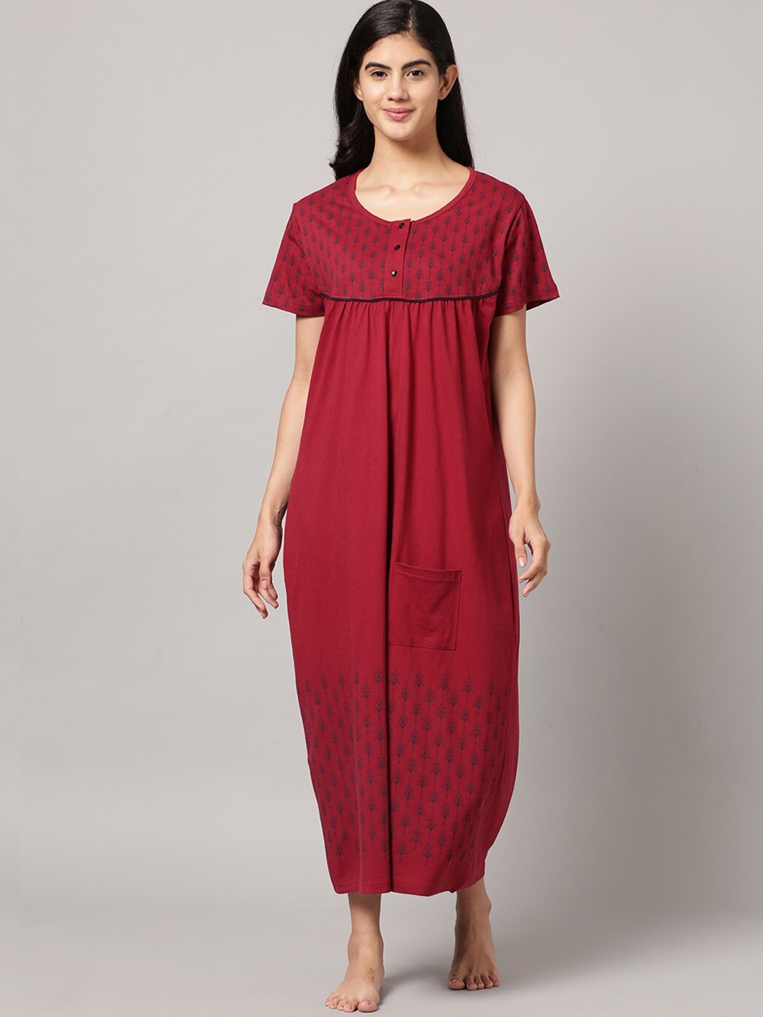 

SEYBIL Floral Printed Pure Cotton Maxi Nightdress, Maroon
