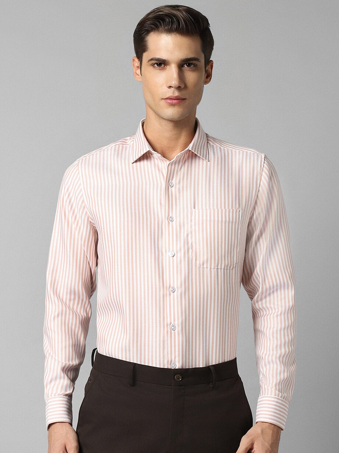 

Louis Philippe Slim Fit Vertical Stripes Pure Cotton Formal Shirt, Beige