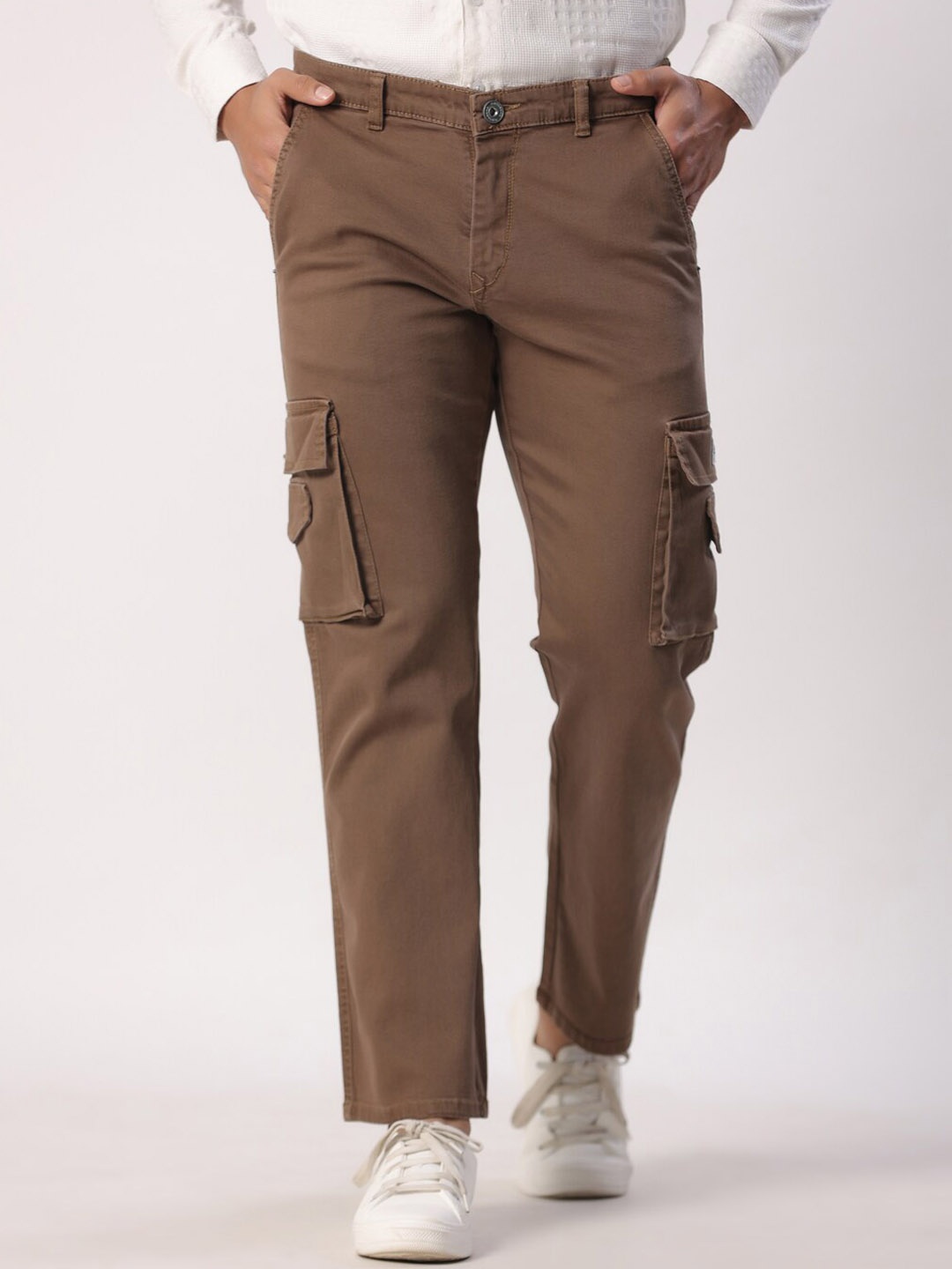 

Tistabene Men Straight Fit Mid-Rise Cotton Cargo Trousers, Camel brown